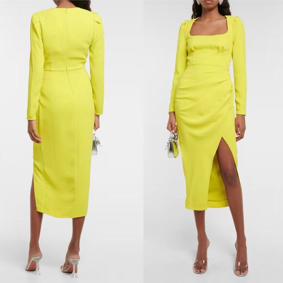 Self-Portrait Crepe Ruched Midi Dress Lime Green Puff Sleeve 6 NWT - Picture 1 of 12
